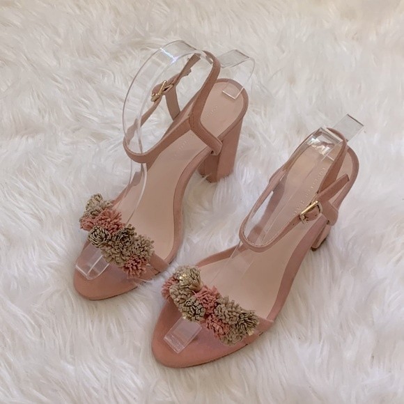 Loeffler Randal Layla Blush Pink Suede Block Heel Ankle Strap Pom Sandals Sz 6.5 - Picture 4 of 14
